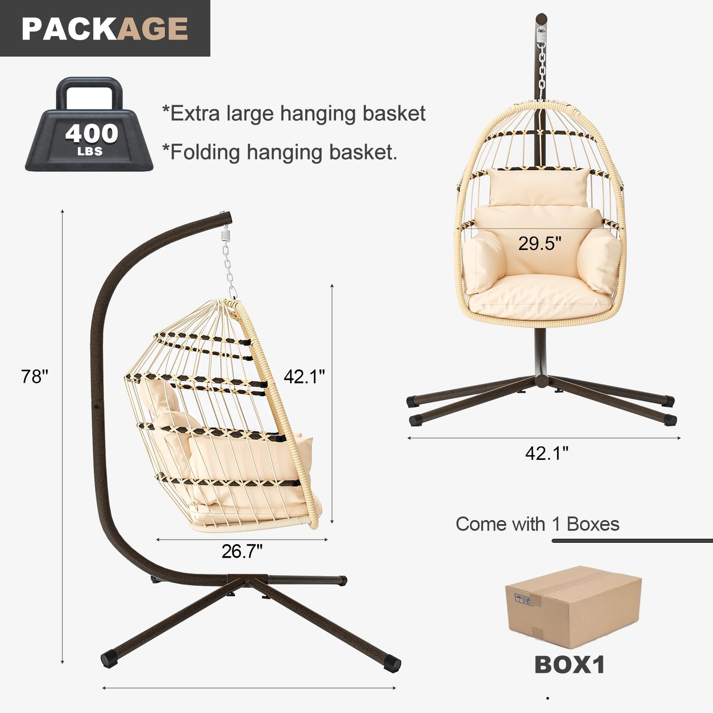 Patio Foldable Hanging Swing Chair With Stand Natural Color