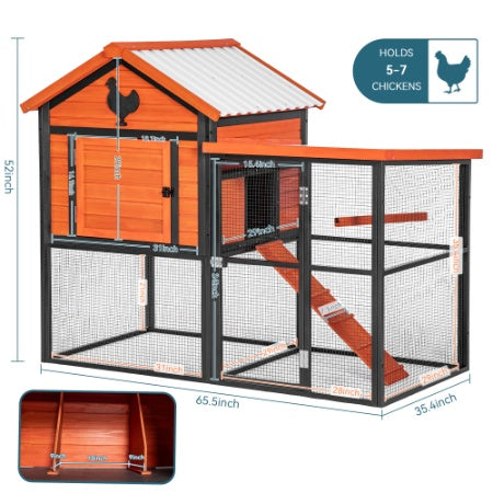 Durable Wood And Iron Chicken Coop With Runway And Waterproof Roof, Suitable For 5-7 Chickens, Built-in Nesting Box