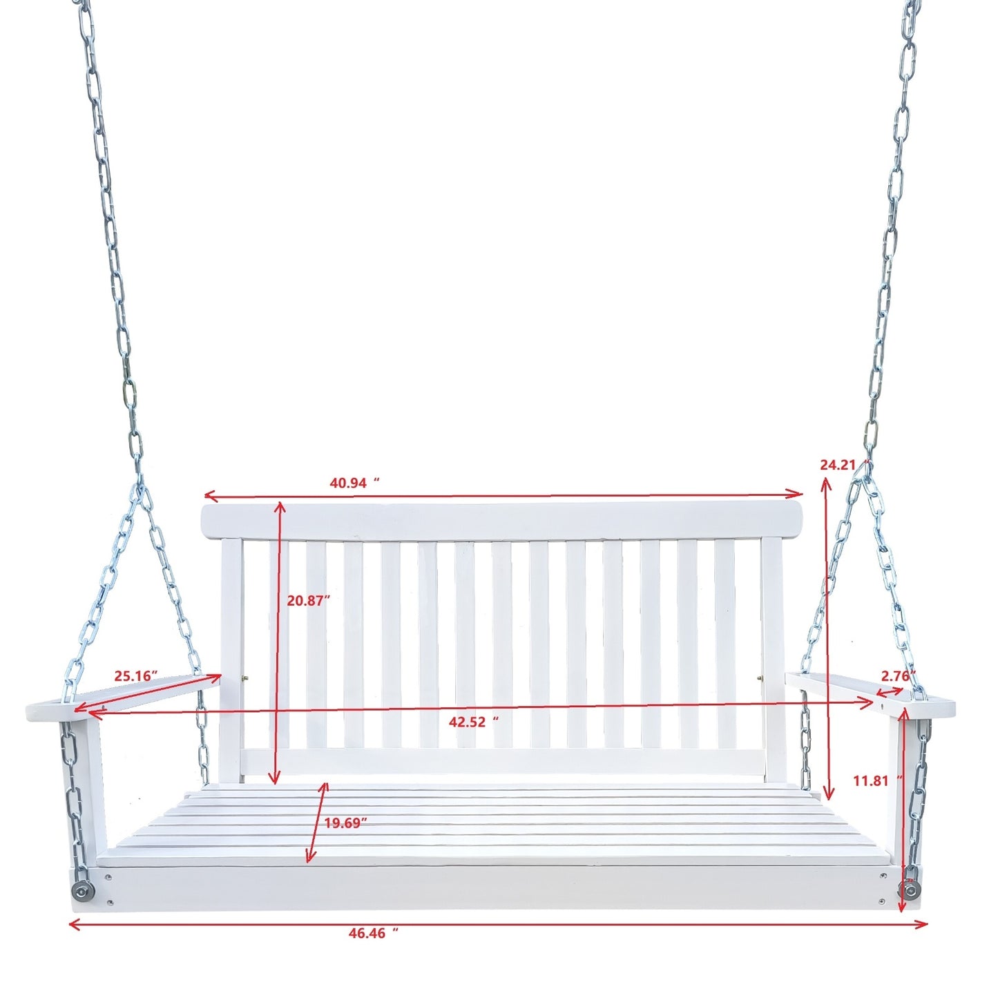 Front Porch Swing With Armrests, Wood Bench & Hanging Chains For Outdoor Patio