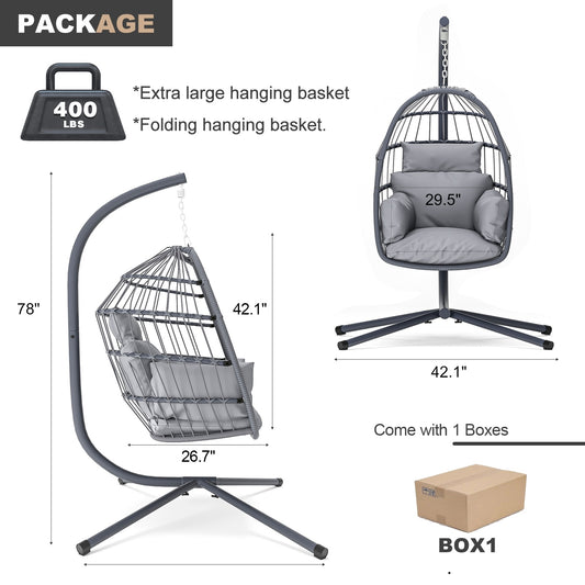 Patio Foldable Hanging Swing Chair With Stand Gray Color