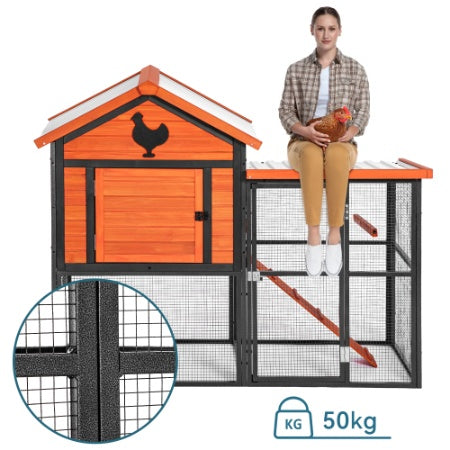 Durable Wood And Iron Chicken Coop With Runway And Waterproof Roof, Suitable For 5-7 Chickens, Built-in Nesting Box