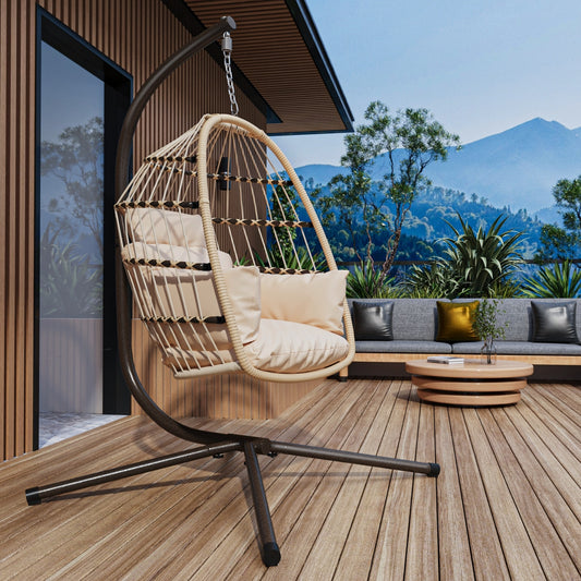 Patio Foldable Hanging Swing Chair With Stand Natural Color