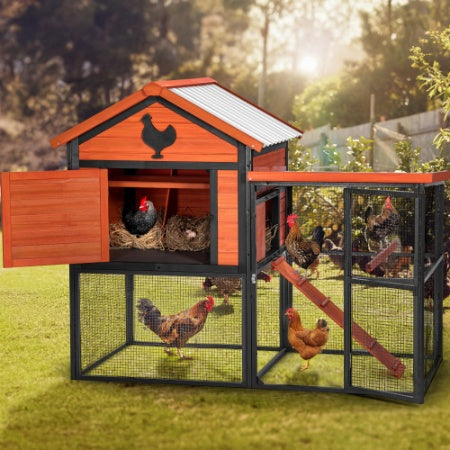 Durable Wood And Iron Chicken Coop With Runway And Waterproof Roof, Suitable For 5-7 Chickens, Built-in Nesting Box