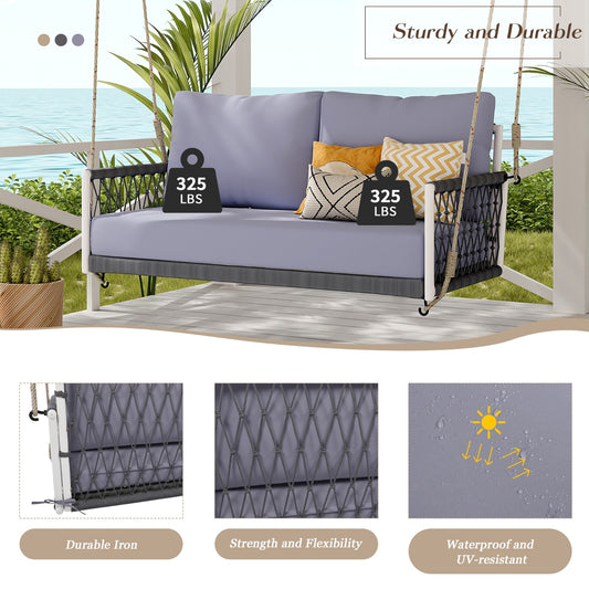 TREXM 1-Piece Woven Rope Outdoor Swing Sofa With Soft Cushions Seating 2 For Patio, Courtyard And Ba